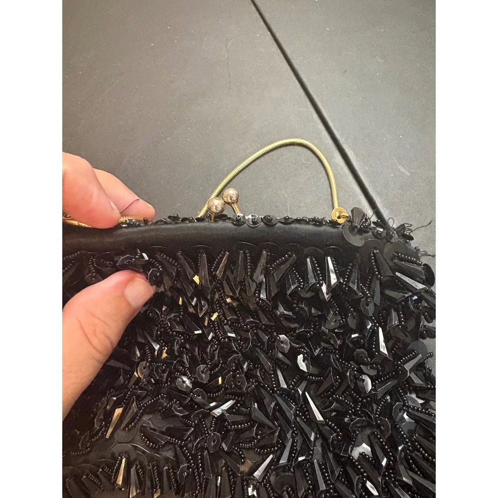 Vintage Black Sequin Beaded Fringe Evening Clutch Handmade Hong Kong Gold Chain